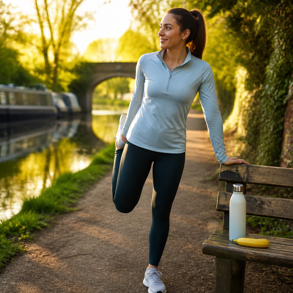 First-time runner stretching on a canal towpath with water and a banana during recovery after a run