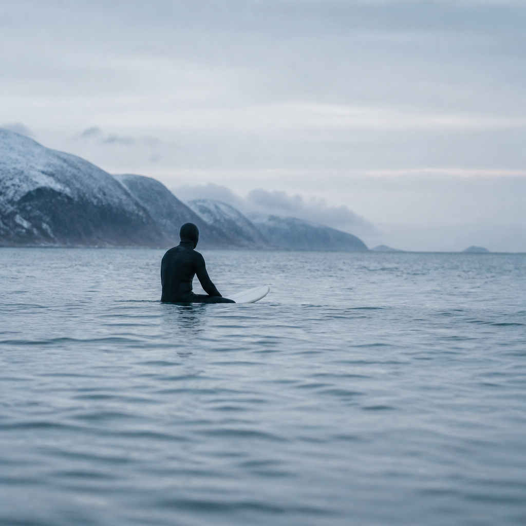 Surfer seated on a board in cold winter water wearing a hood to block wind and protect the ears