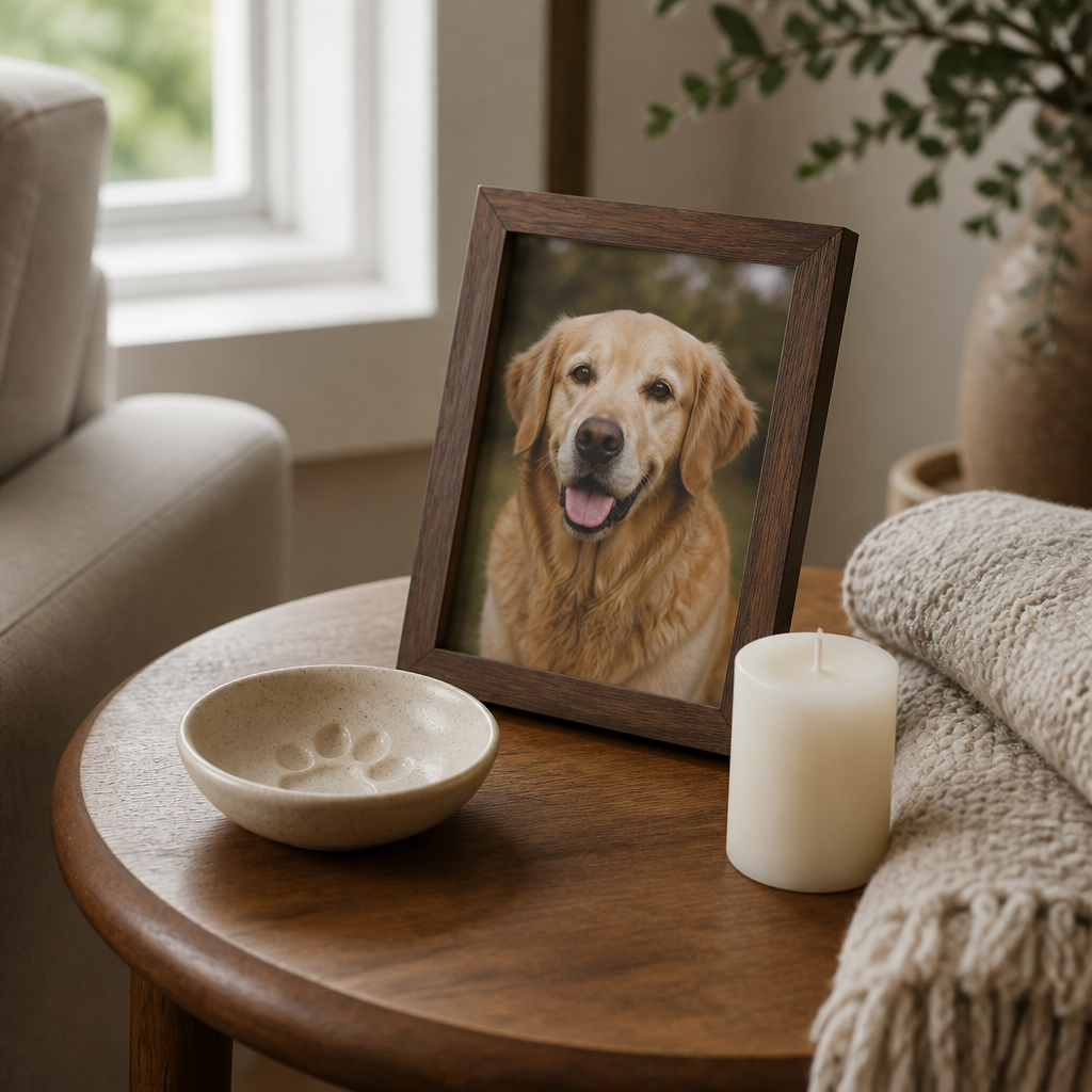A framed portrait of a golden retriever on a wooden side table beside a candle and folded blanket in soft morning light.