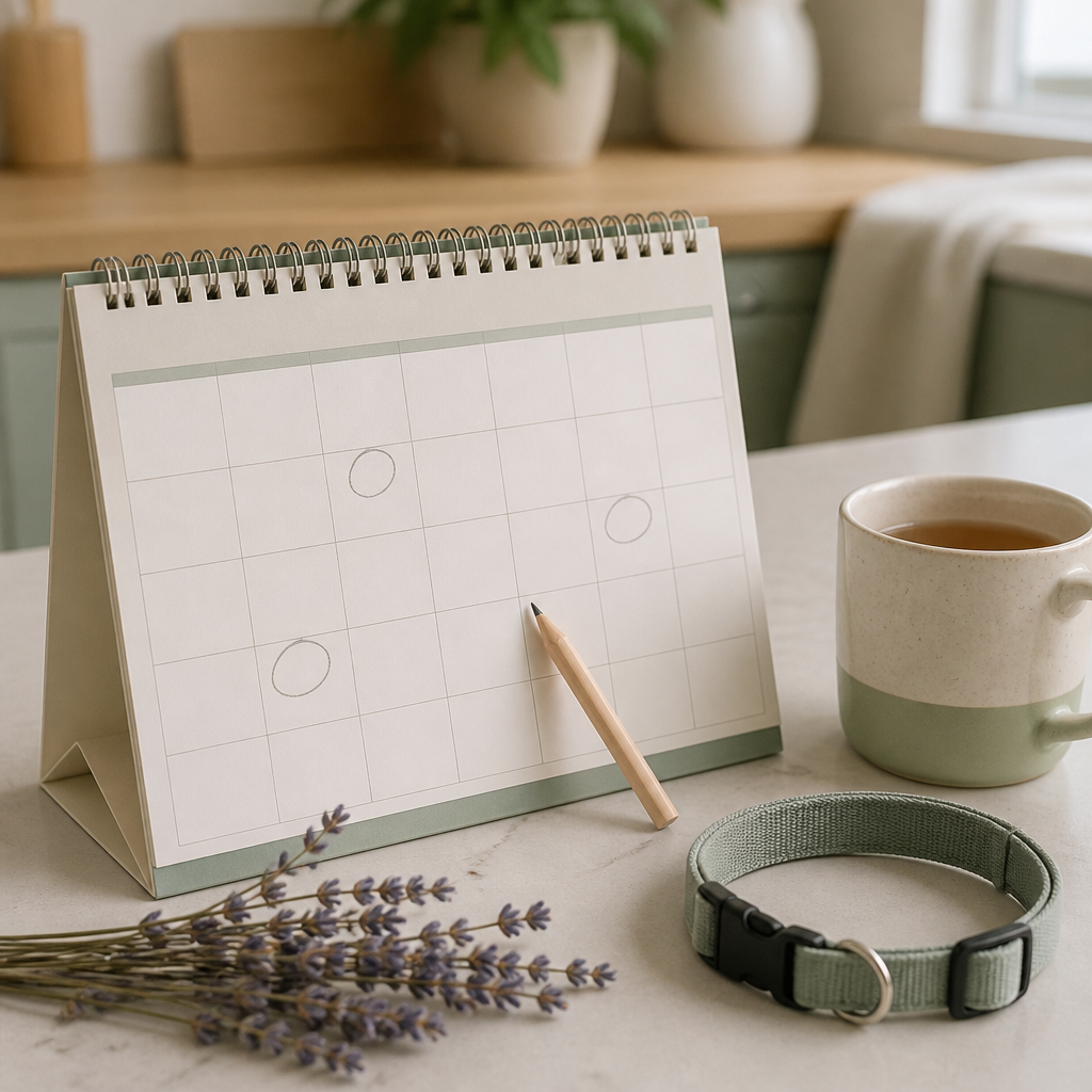 An open wall calendar with circled dates beside a mug of tea and a dried lavender sprig on a kitchen table.