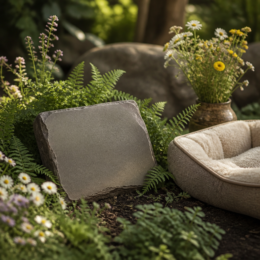 A quiet garden memorial with a blank stone plaque, ferns and wildflowers in soft afternoon sunlight.