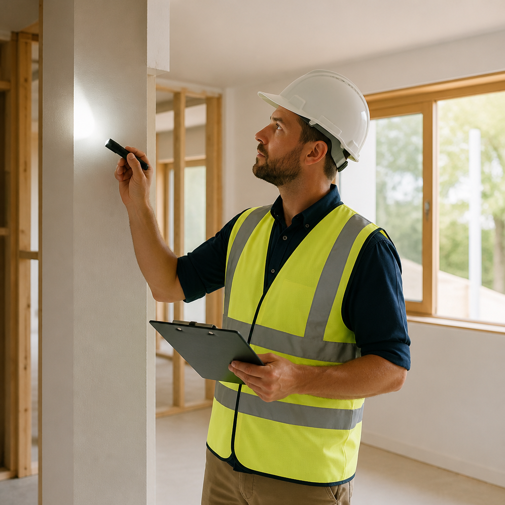 Inspector checking a new Brisbane home's interior walls and corners during a knockdown rebuild pre-handover inspection