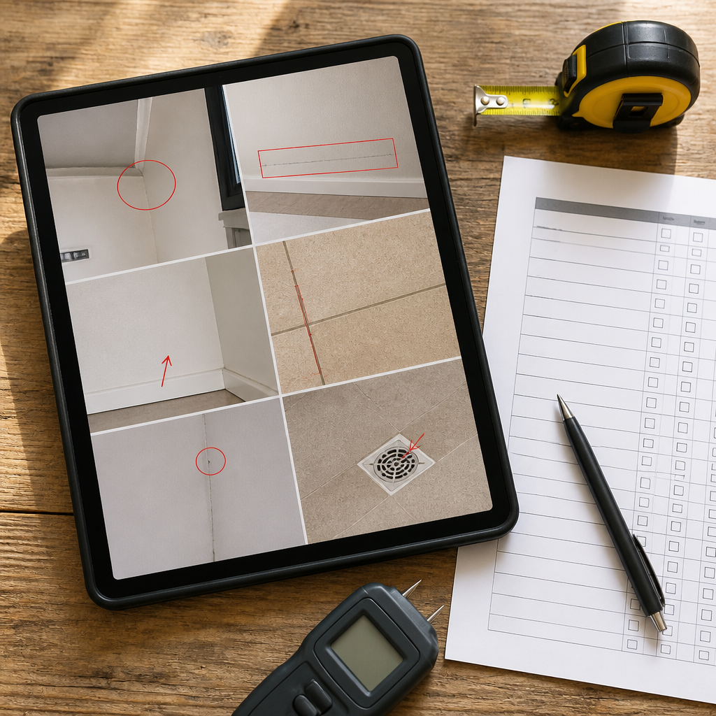 Tablet with photo-marked defect report, checklist and measuring tools laid out for a new home inspection