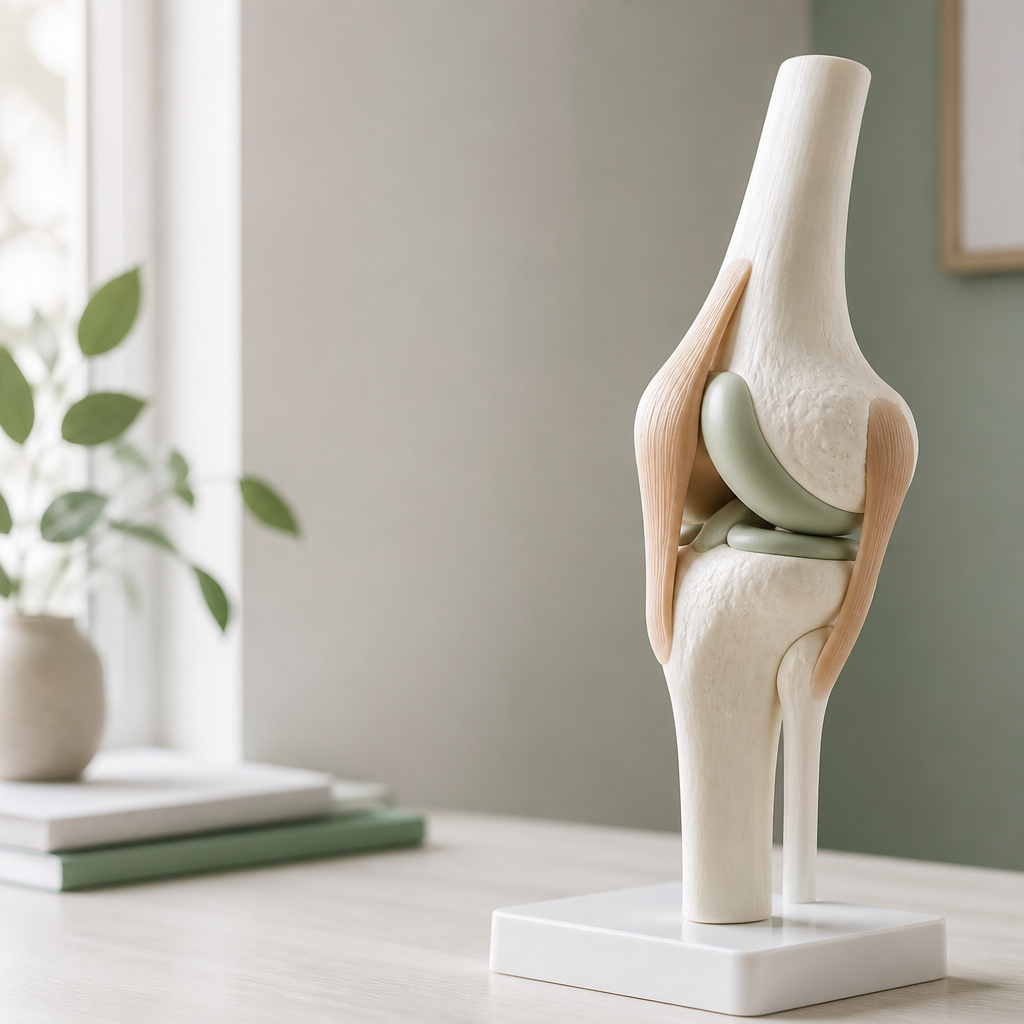 Anatomical model of a human knee joint on a light desk, illustrating cartilage regeneration and joint structure