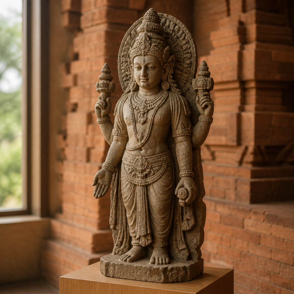 Carved stone Hindu deity statue from Indonesia on a wooden plinth with soft light and blurred red brick background