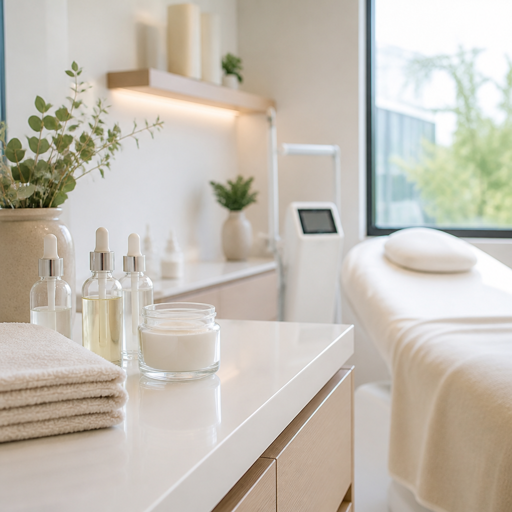 Plain unlabelled skincare bottles and a towel on a bright spa treatment counter in Aurora, comparing dry skin vs dehydrated skin care.