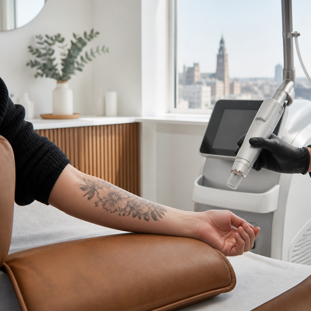 Forearm with an old faded tattoo resting on a treatment couch beside a laser fading device at a Liverpool clinic