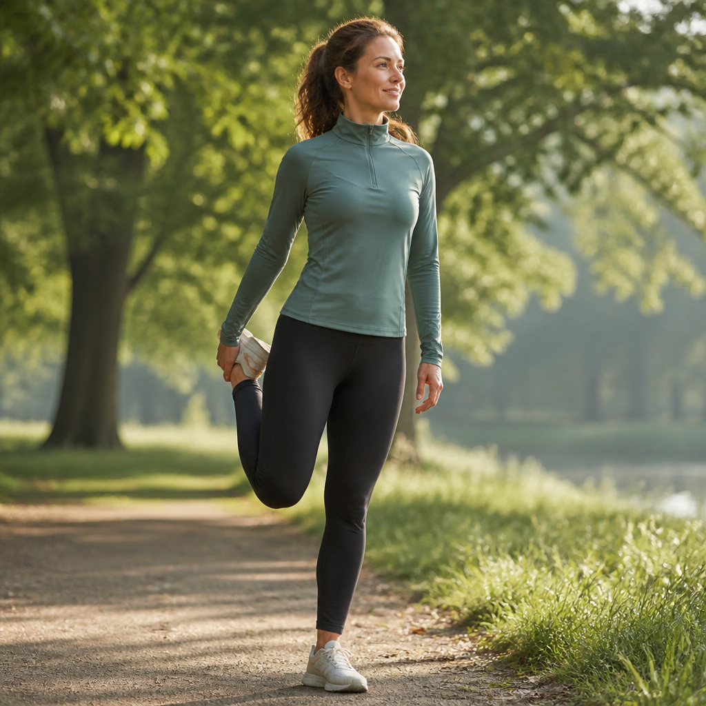 Clothed adult stretching outdoors in morning light, showing daily joint mobility and movement habits