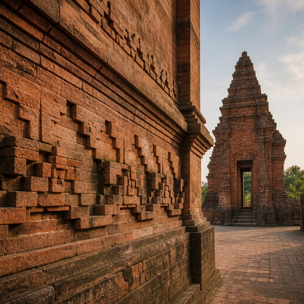 Close-up of weathered red brick temple wall with geometric relief carvings from a Javanese Majapahit-era site