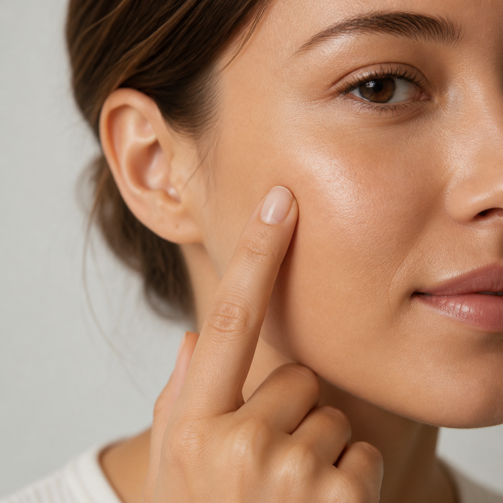 Close-up of a woman's cheek in soft light, showing skin texture used to tell dry skin from dehydrated skin.