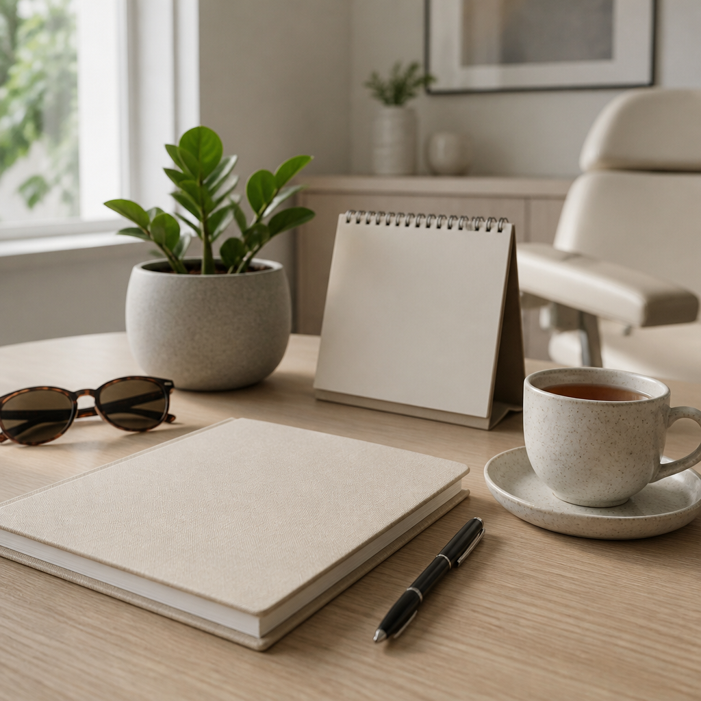Notebook, tea and pen on a clean desk representing planning consultations for fading an old tattoo
