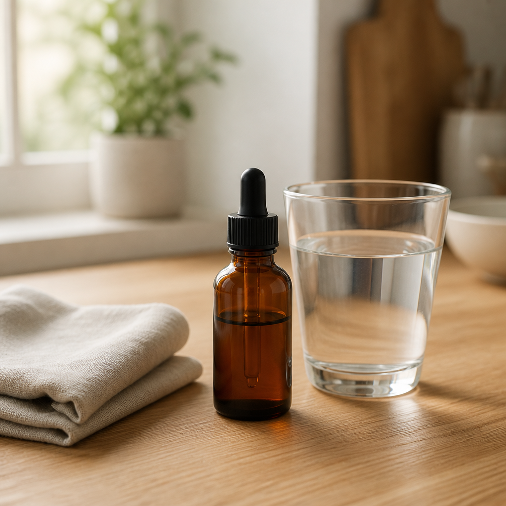 Plain dropper bottle of liquid joint supplement beside a glass of water on a kitchen counter