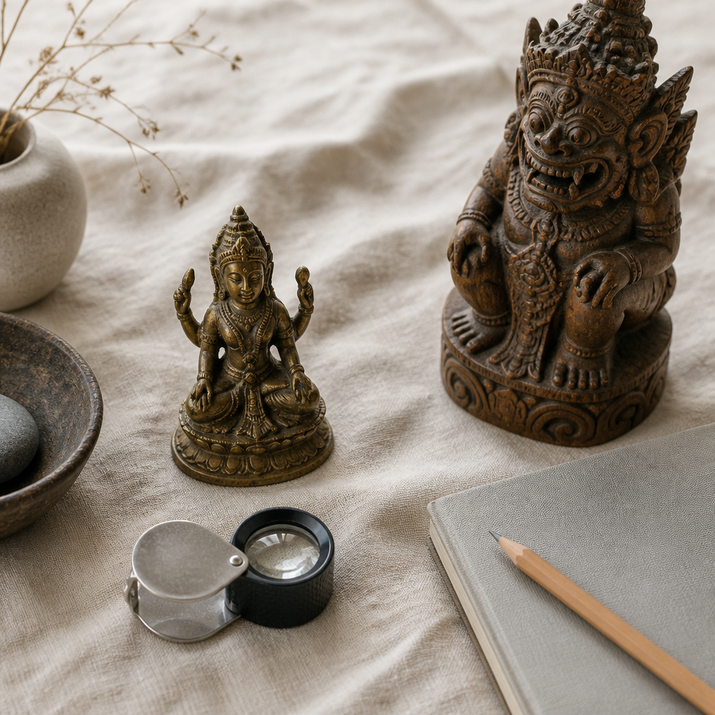 Collector's desk with a small bronze Hindu deity figure, loupe and carved Balinese guardian figure on linen