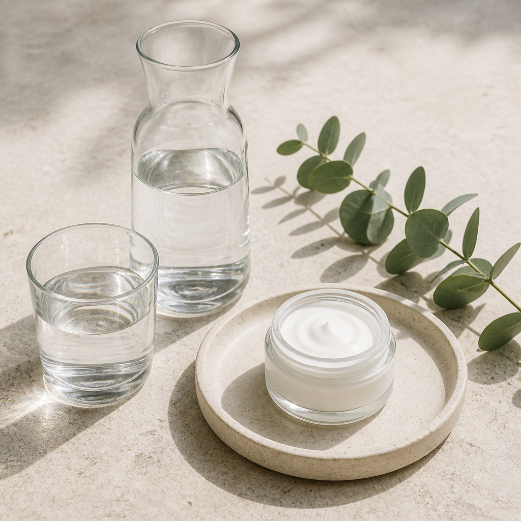 Flat-lay of a water carafe, plain moisturizer jar and eucalyptus sprig representing hydration treatment options in the GTA.