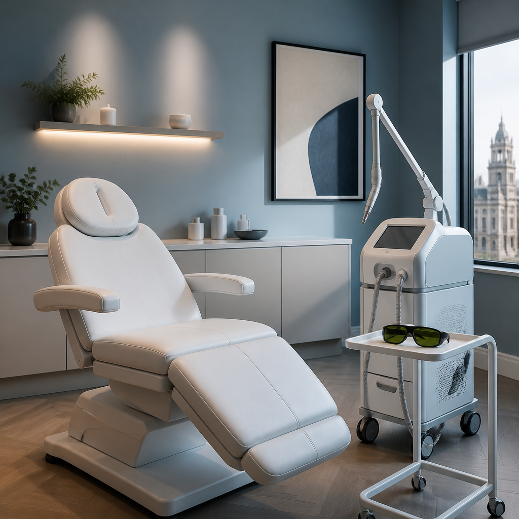 Clean laser treatment room with protective eyewear and device ready for tattoo removal sessions