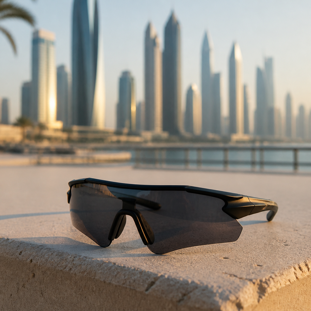Black wraparound sunglasses with a curved lens resting on a sunlit ledge with Dubai skyscrapers blurred behind