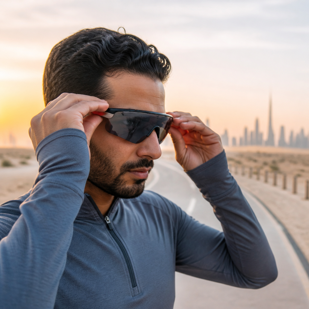 Hands adjusting wraparound sport sunglasses before a morning run on a desert promenade