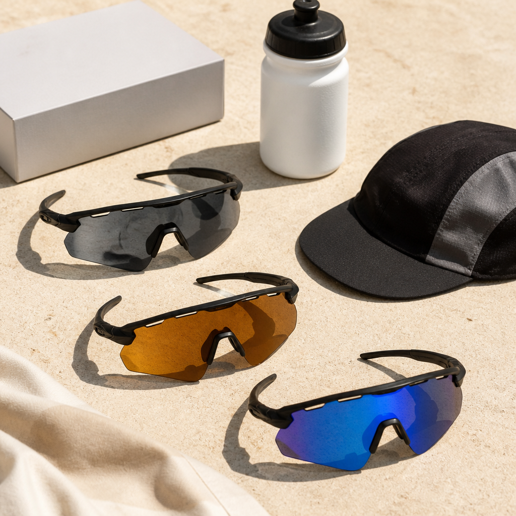 Flat lay of wraparound sunglasses in grey, amber and mirrored lenses beside a cycling cap