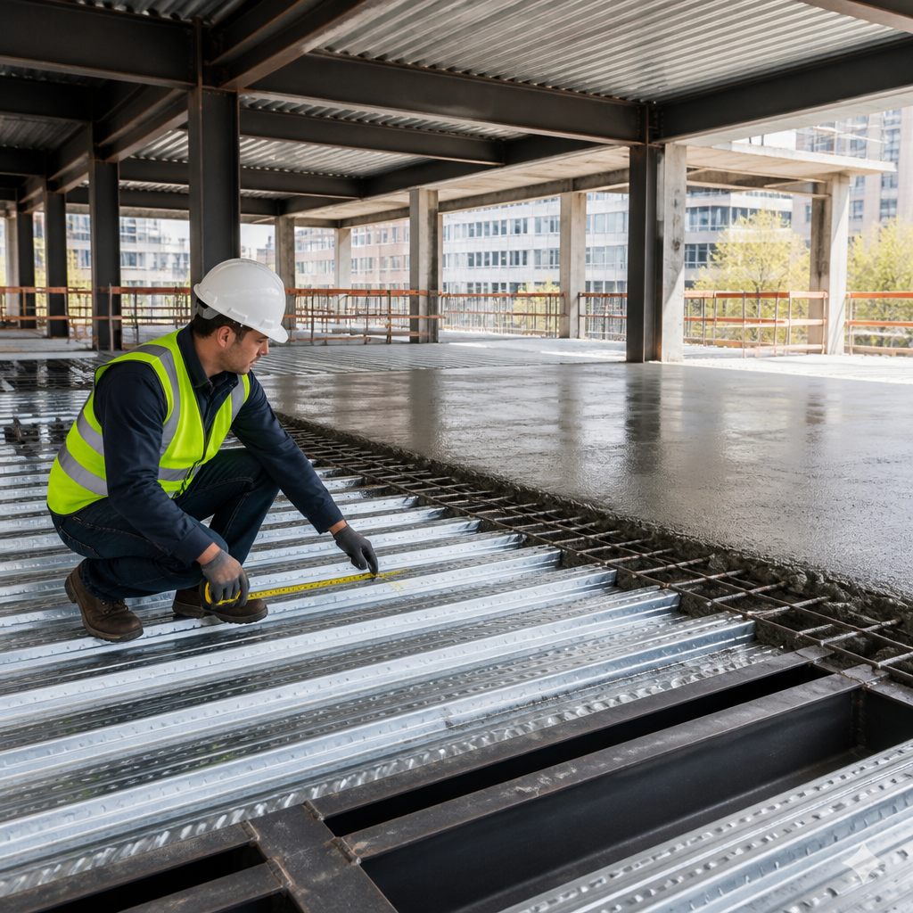 Ingénieur inspectant un plancher collaborant acier béton avec bac acier posé sur poutres dans un bâtiment tertiaire