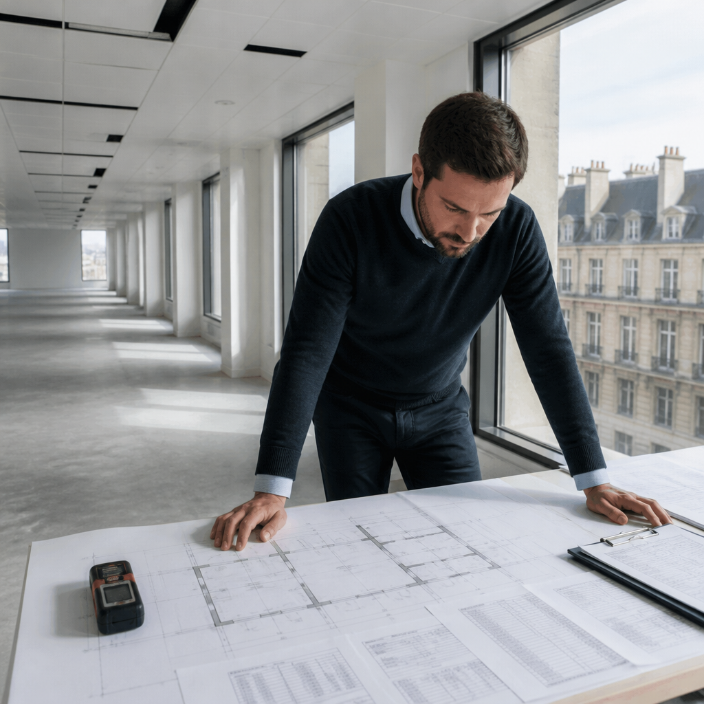 Expertise structurelle d'un plancher de bureaux avec plans et notes de calcul de charges sur une table