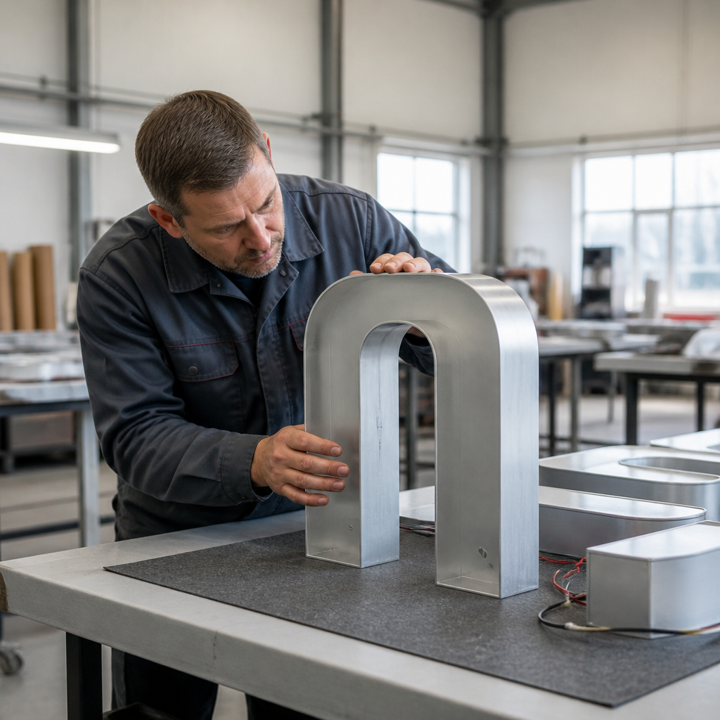 Technician inspecting a recycled aluminium shopfront sign in a Gauteng workshop, illustrating eco-friendly signage South Africa