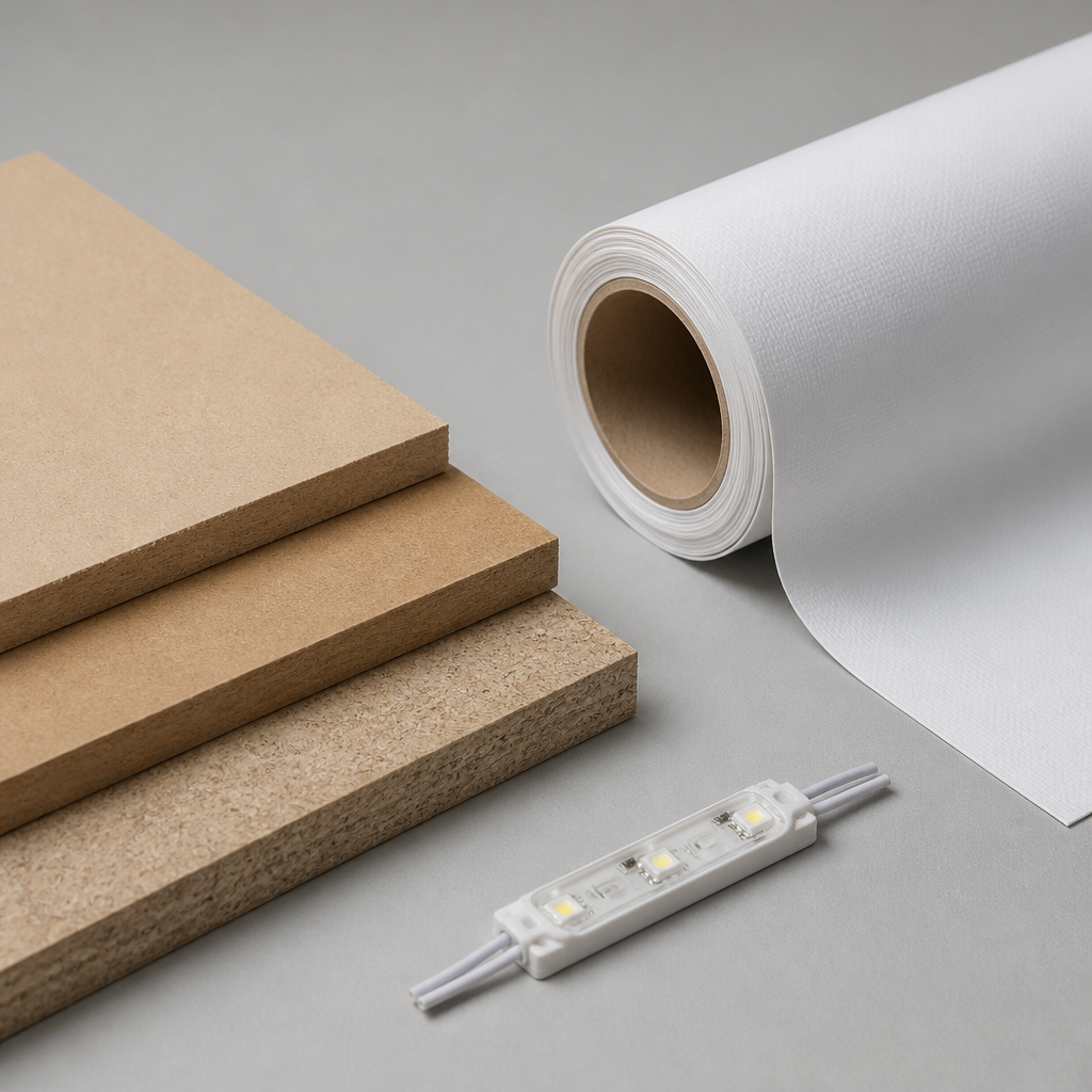 Sample boards, non-PVC banner fabric and LED strip on a table, showing sustainable signage materials