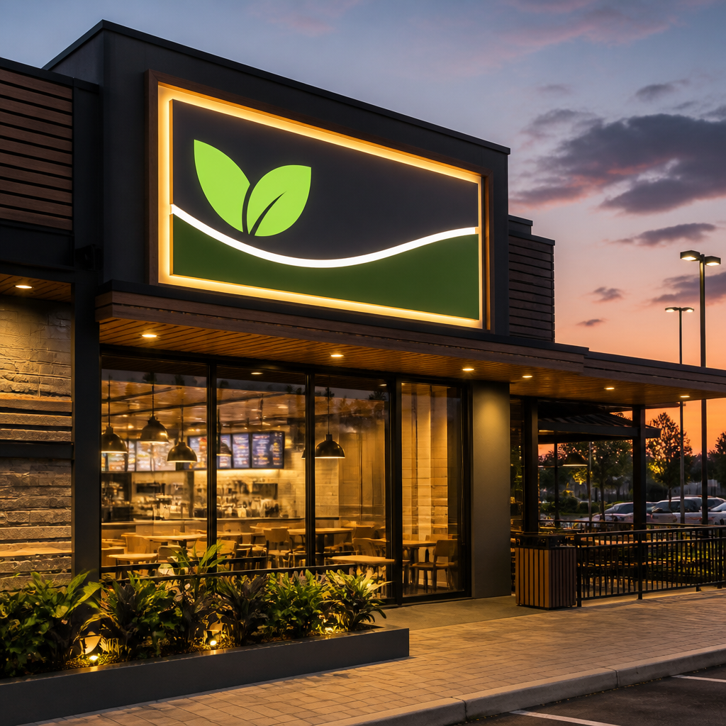 Illuminated LED signboard on a modern restaurant facade at dusk, showing green signage Gauteng businesses can use