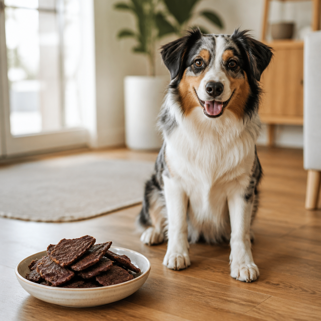 Dog sitting beside a bowl of crunchy air-dried beef treats on a wooden floor in natural window light
