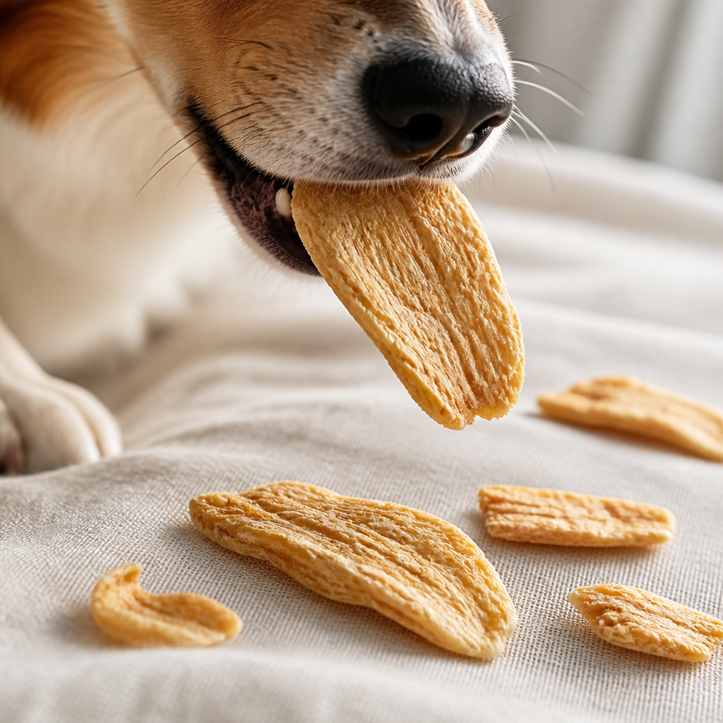 Close-up of a dog chewing an air-dried chicken chip that shows its crisp texture