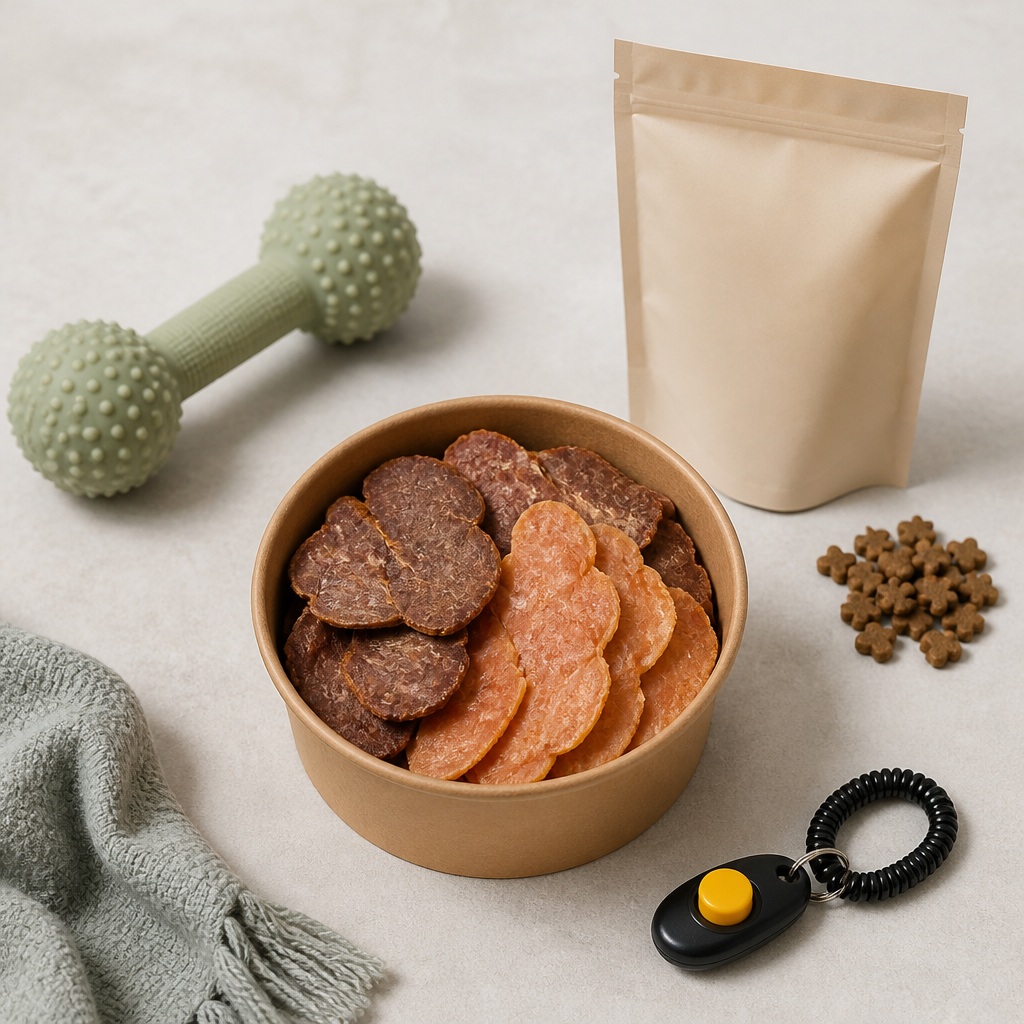 Flat-lay of air-dried turkey and beef dog treat chips beside a training clicker on a stone surface
