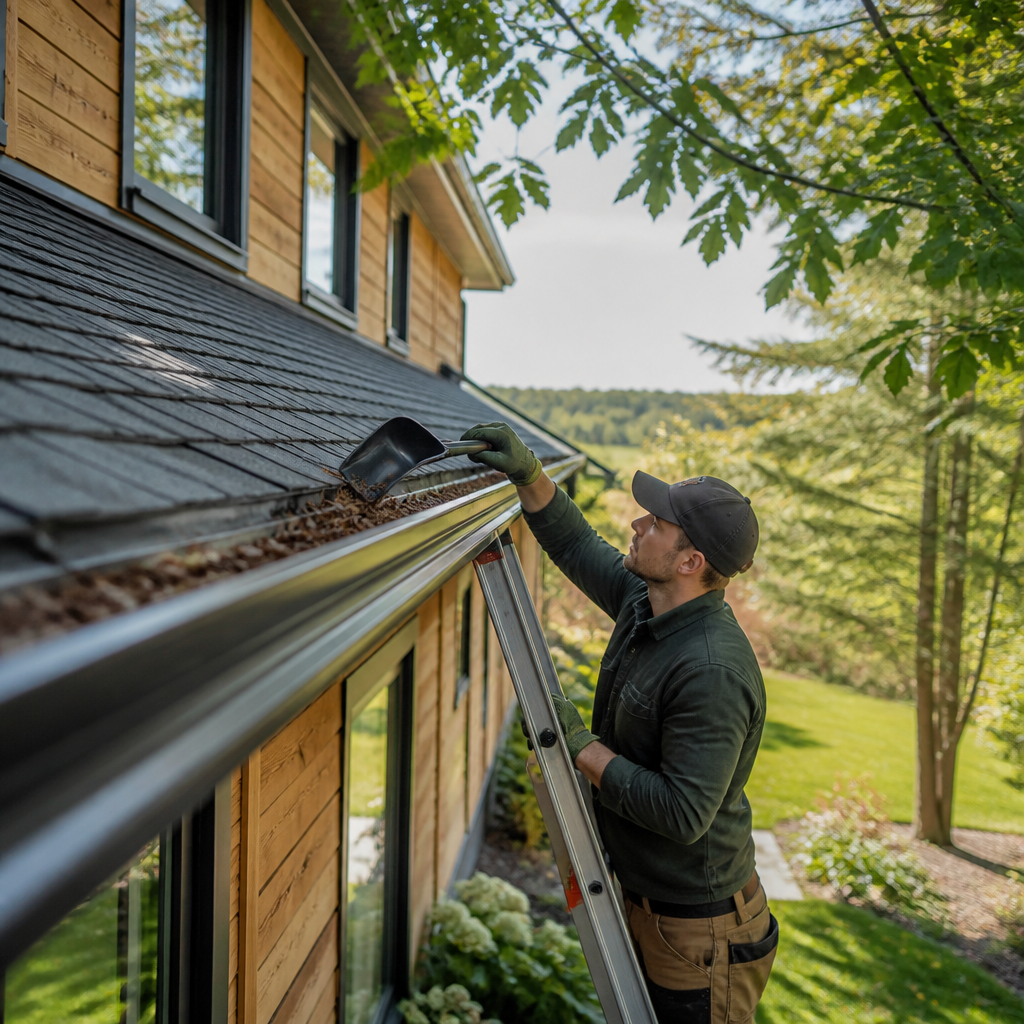 Gutter cleaning on a Fenwick acreage home, with a ladder against the eavestrough and leaves cleared from a long roof run.