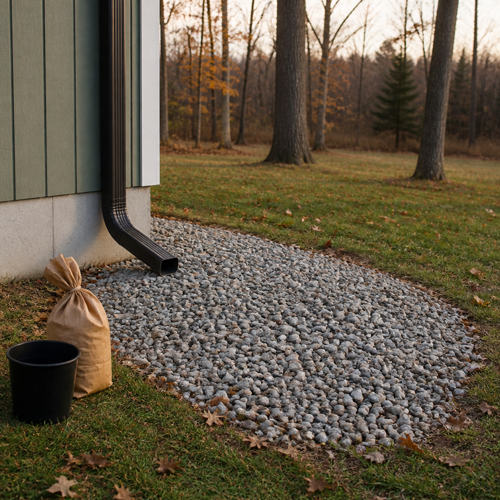 Downspout on a rural Fenwick home directing rainwater onto a gravel bed away from the foundation.