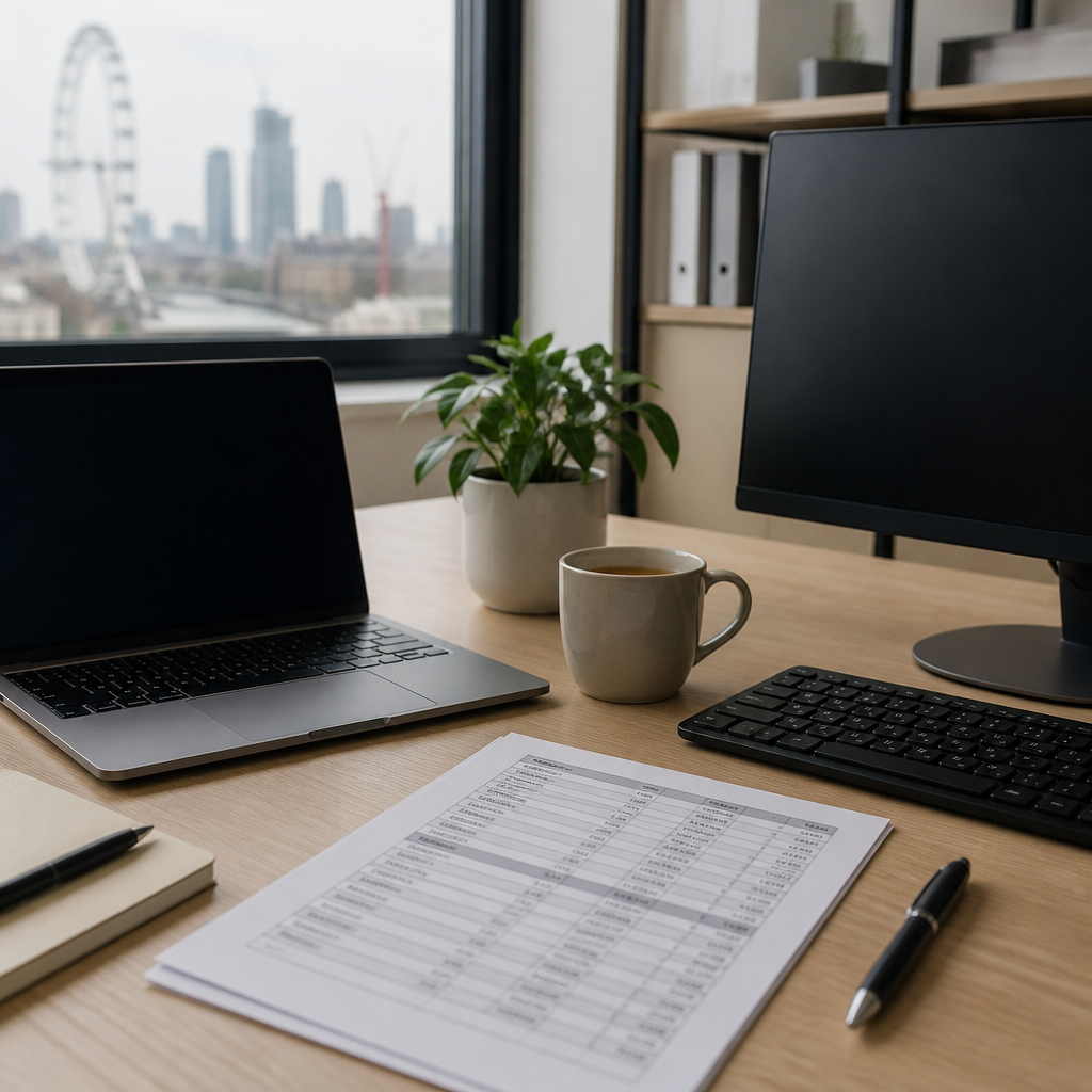 Laptop and printed IT asset register on a desk in a London office, listing devices for IT asset management London SME