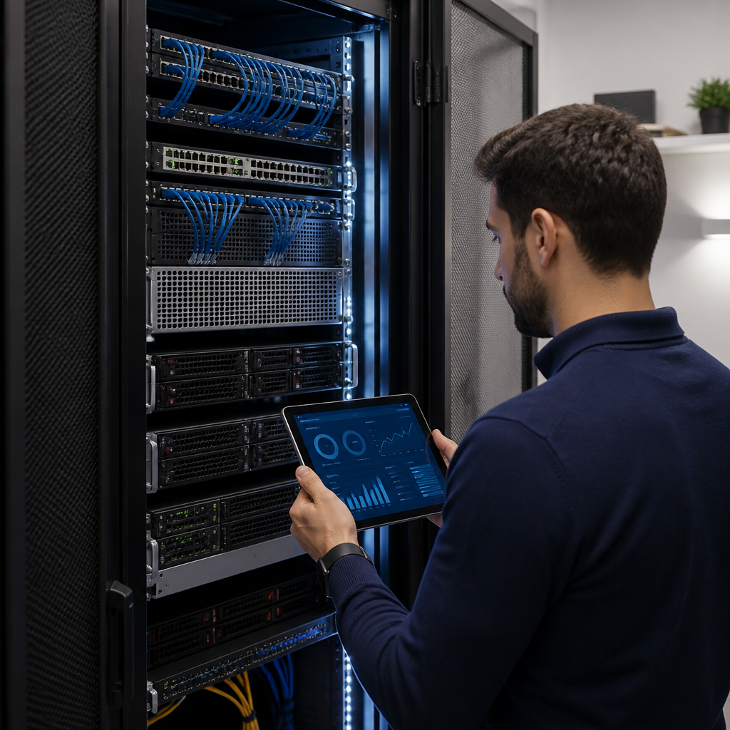 Neatly cabled server rack in a London office comms room, part of hardware lifecycle management