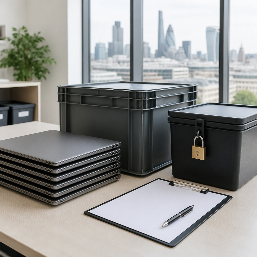 Stacked laptops and a lockable crate prepared for secure hardware retirement in a London office