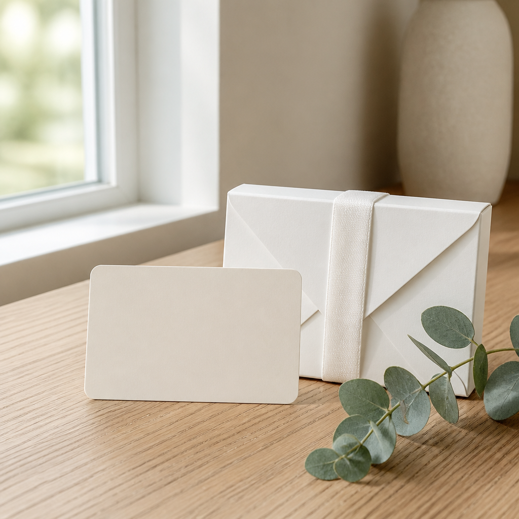 Plain gift card and white gift box on a light oak table, illustrating medspa gift cards in Aurora.