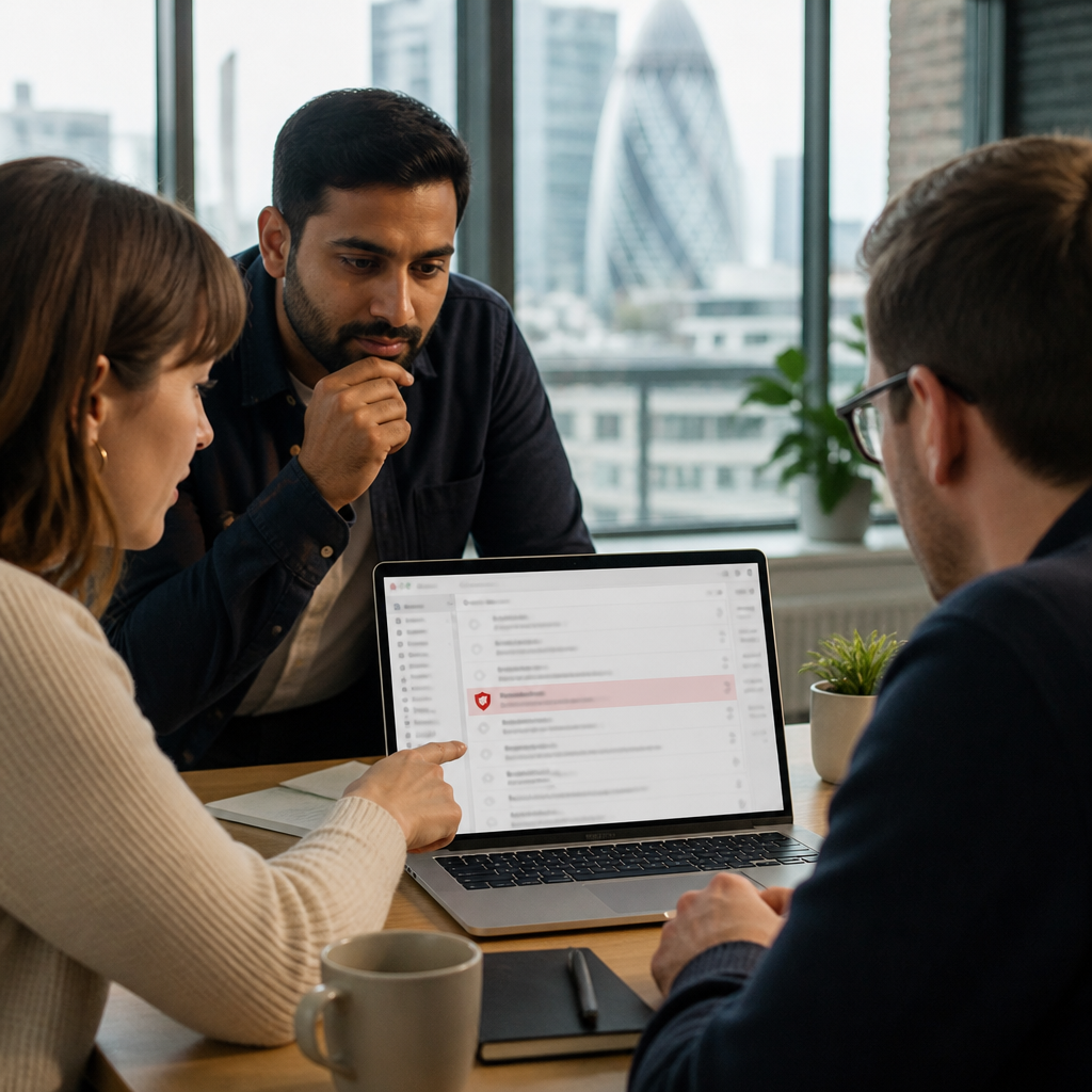 Small London office team reviewing a flagged suspicious email on a laptop to strengthen email security for their SME.