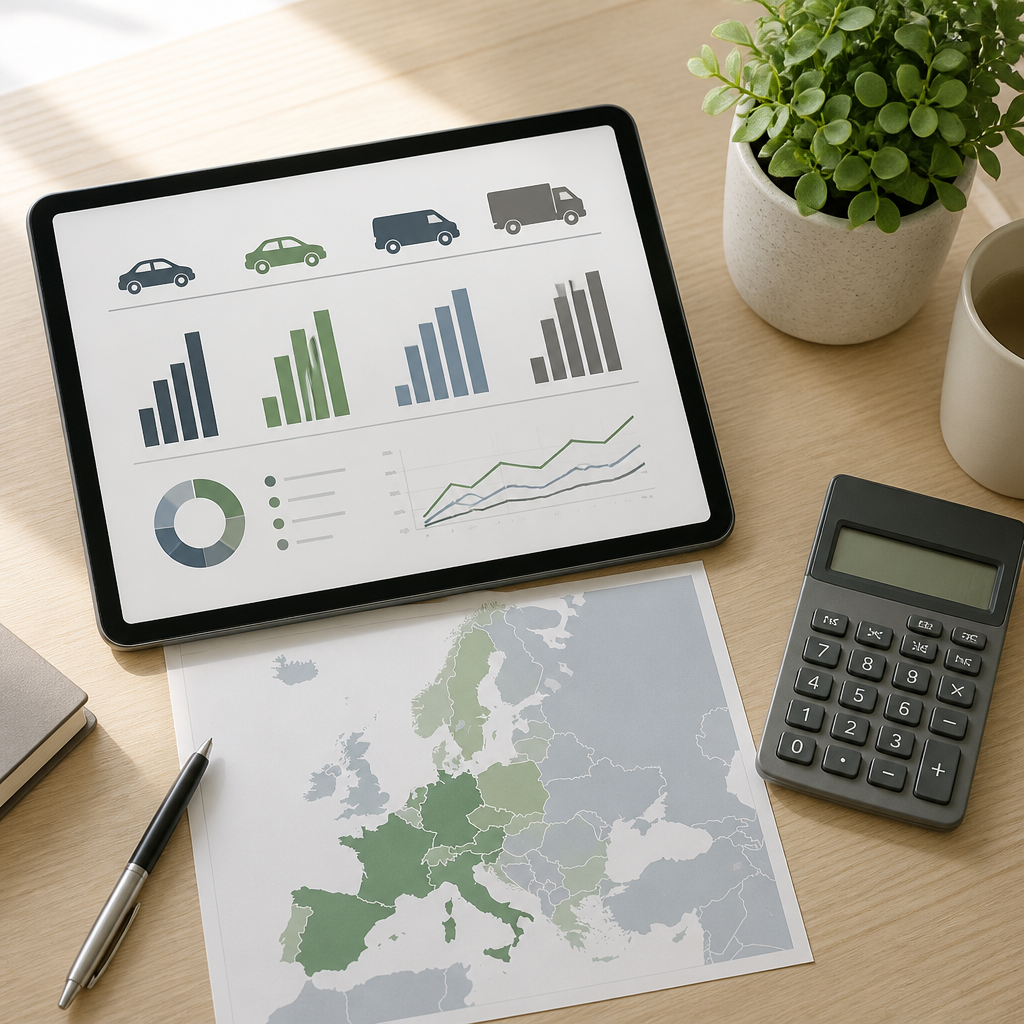 Desk with a tablet showing a cost comparison chart and a calculator for comparing electric car running costs.