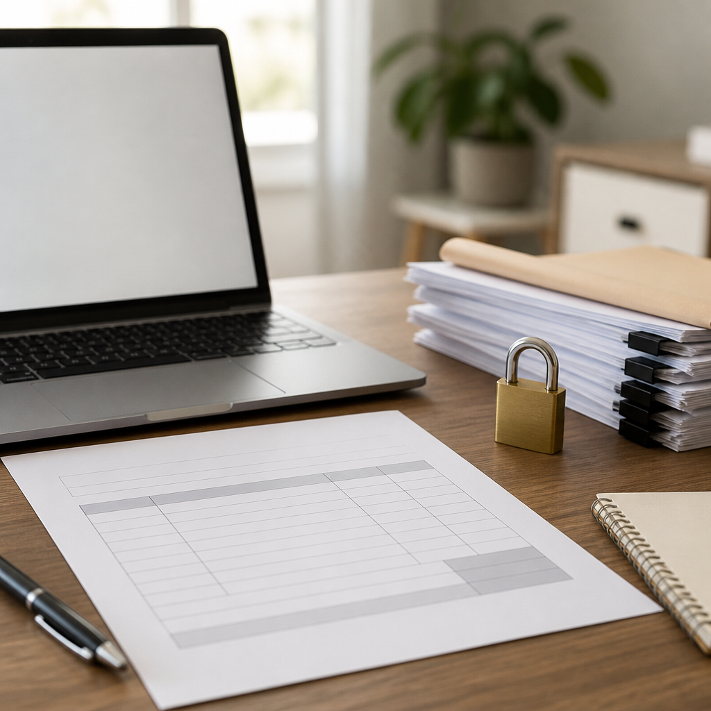 Desk with an unlabelled invoice, laptop and padlock, illustrating payment checks against business email compromise.