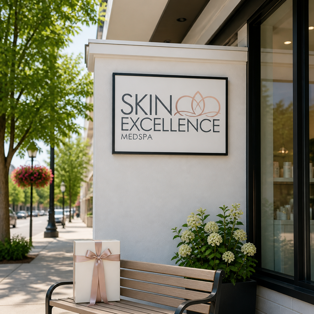 Skin Excellence Medispa storefront in Aurora with a gift box on a bench out front.