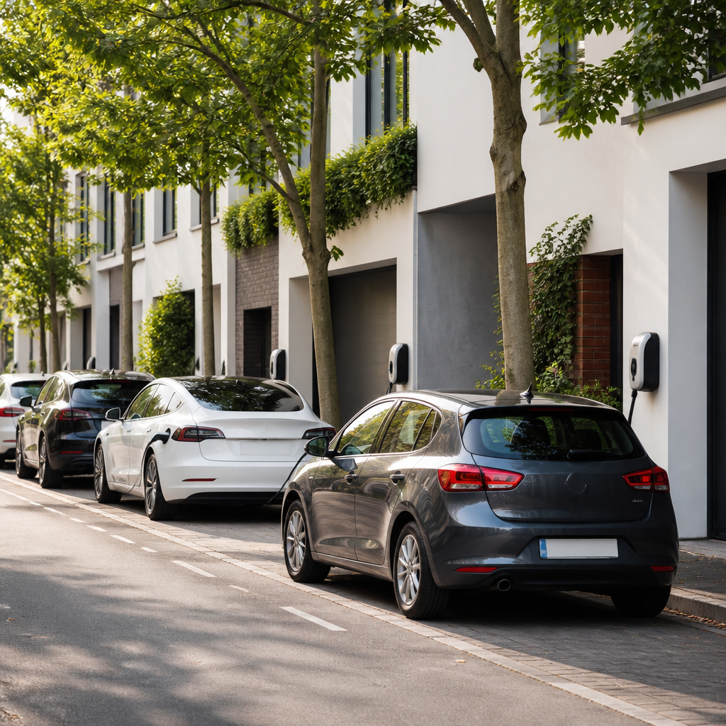 Electric cars parked beside a petrol car on a tree-lined European street with home chargers.