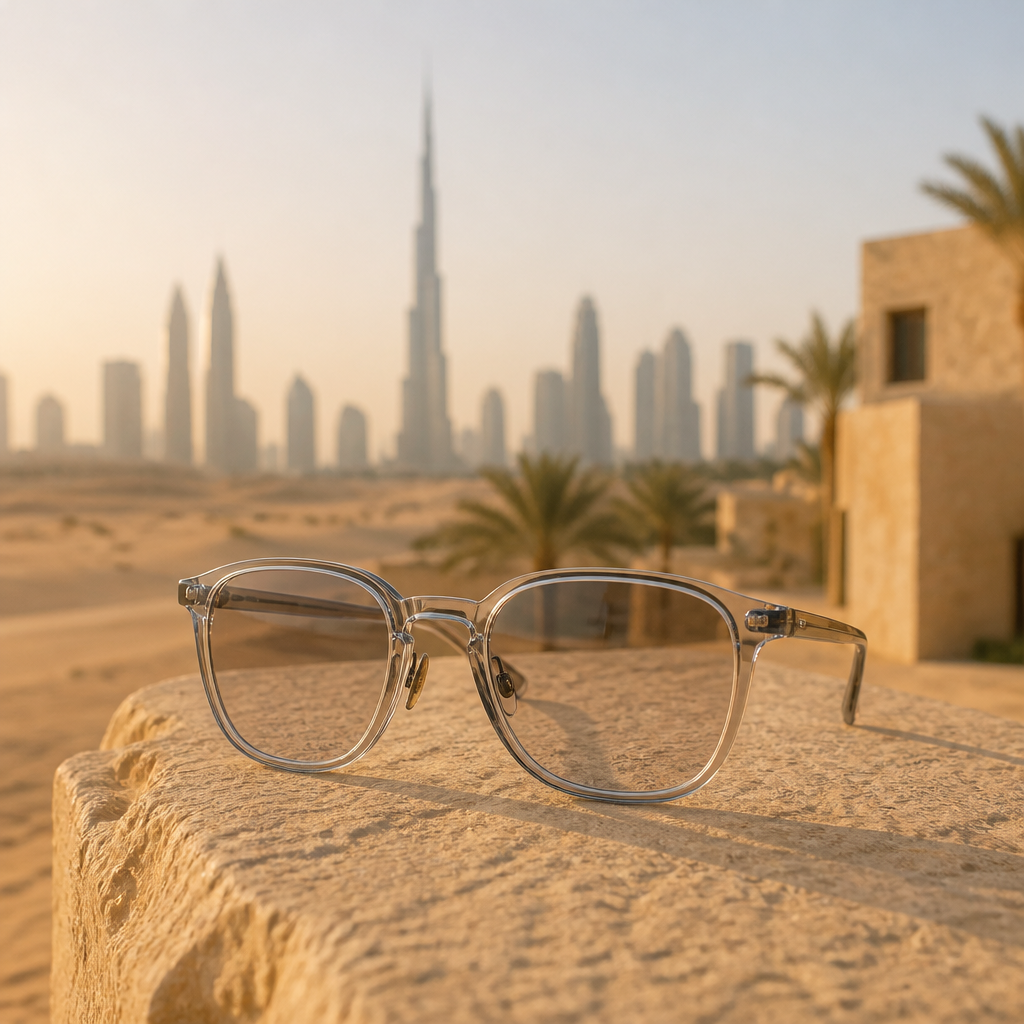 Photochromic eyeglasses with lightly tinted lenses resting on a sunlit ledge, with a desert skyline behind them in the UAE.
