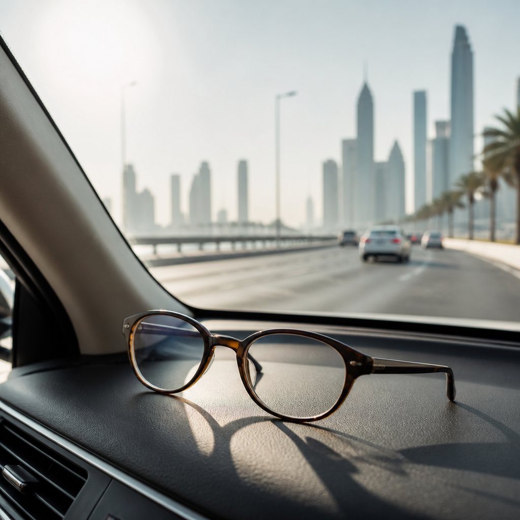 Eyeglasses placed on a car dashboard in bright sunlight, illustrating how lenses react to glare through a windshield.