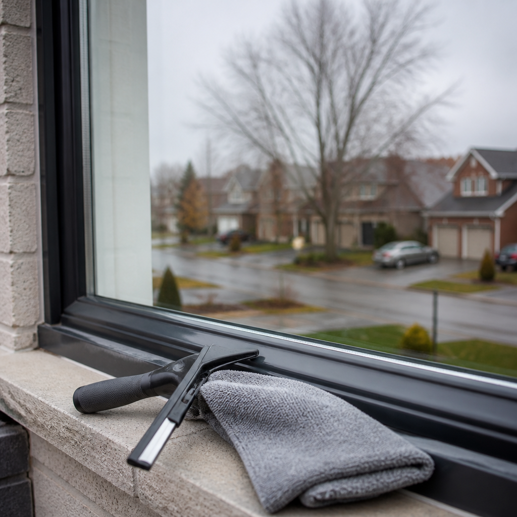 Squeegee and cloth on a freshly cleaned residential window sill, part of window cleaning before listing in Mississauga.