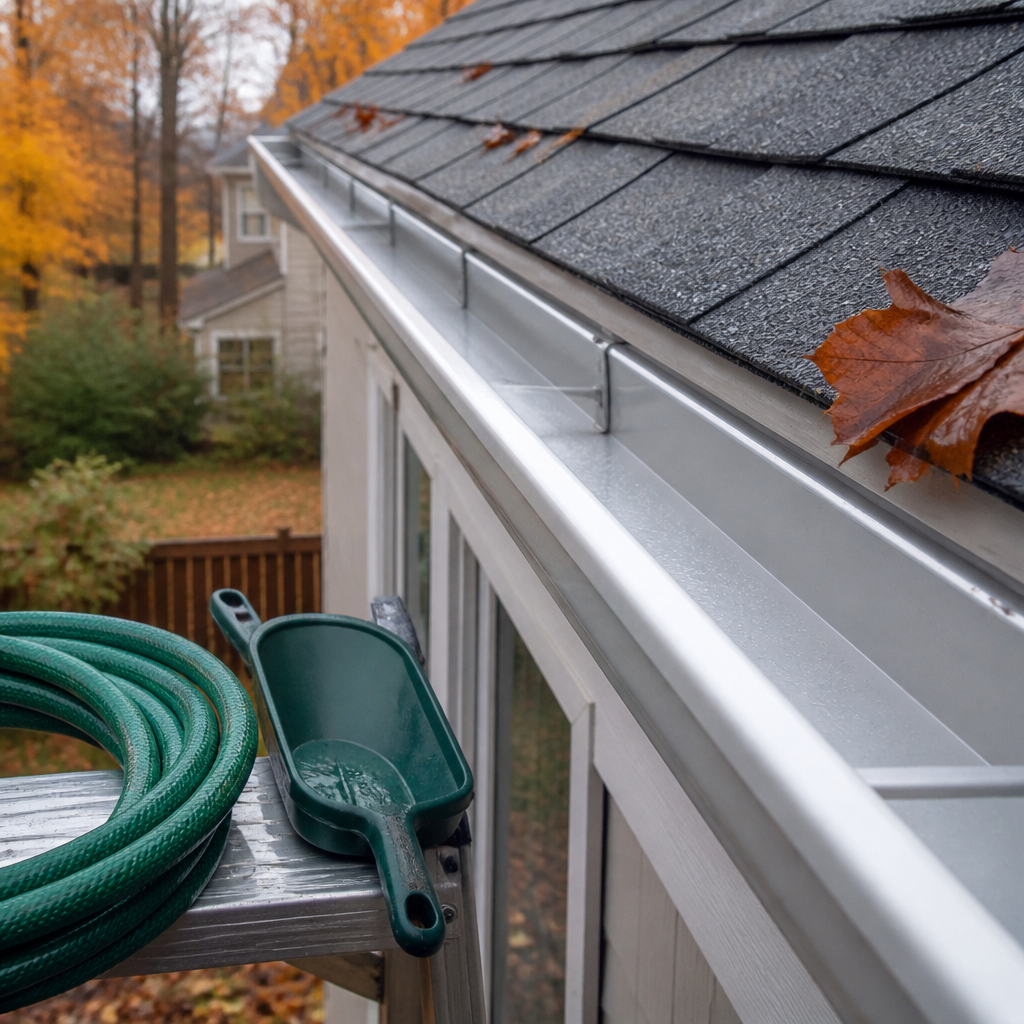 Cleared eavestrough beside a roofline with fallen leaves removed, showing gutter cleaning for a home's exterior prep.