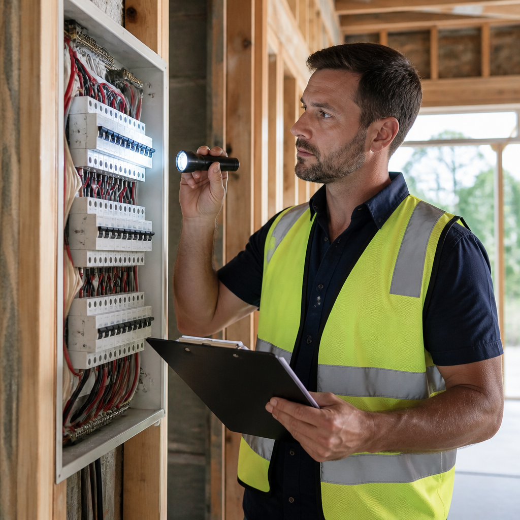 Building inspector checking an open switchboard for electrical defects in a new home under construction