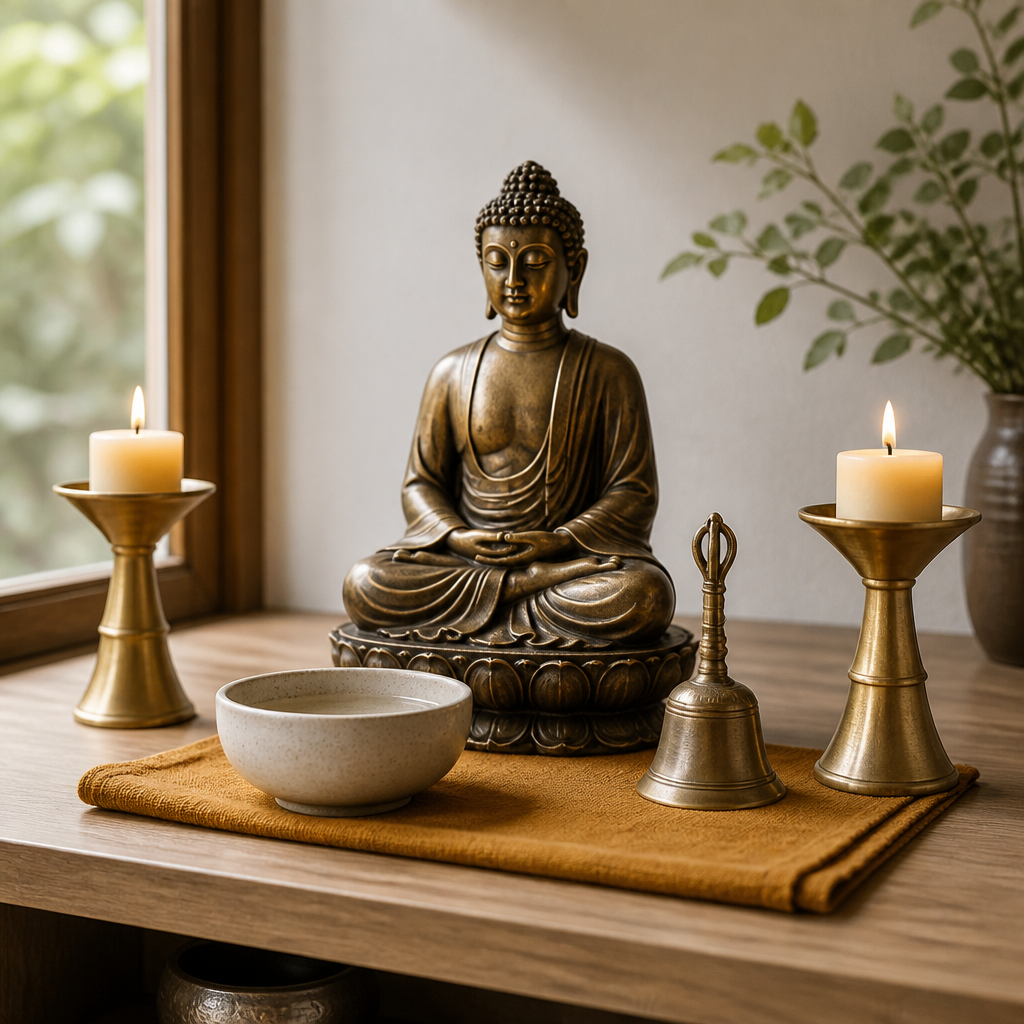 Buddhist altar accessories arranged around a seated Buddha statue, with a water bowl, bell, and candle holders on a wooden shelf.