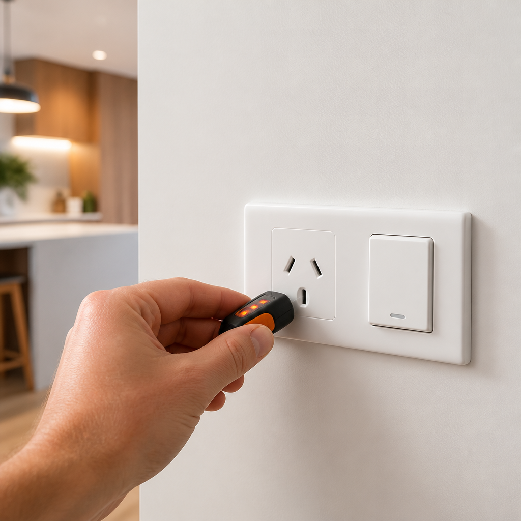 Close-up of a new wall power point and light switch being tested during a handover inspection