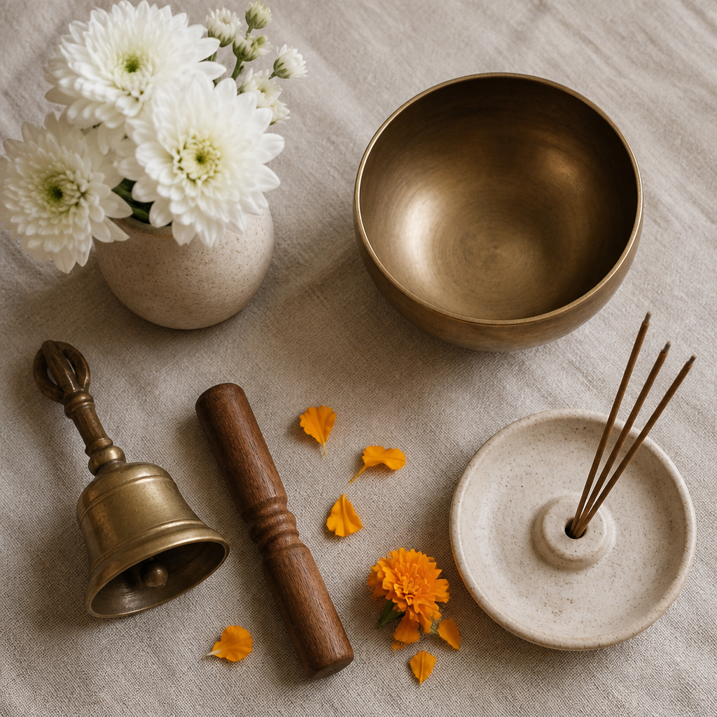 Flat-lay of altar offering items including a brass bowl, a small bell, incense holder, and white flowers on linen.