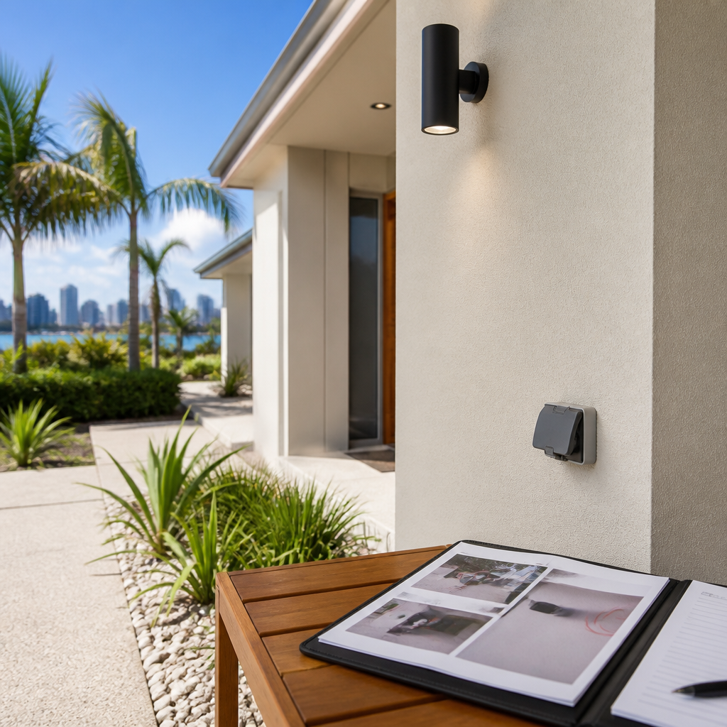 New coastal home exterior with outdoor light fitting and weatherproof outlet beside a handover defect report